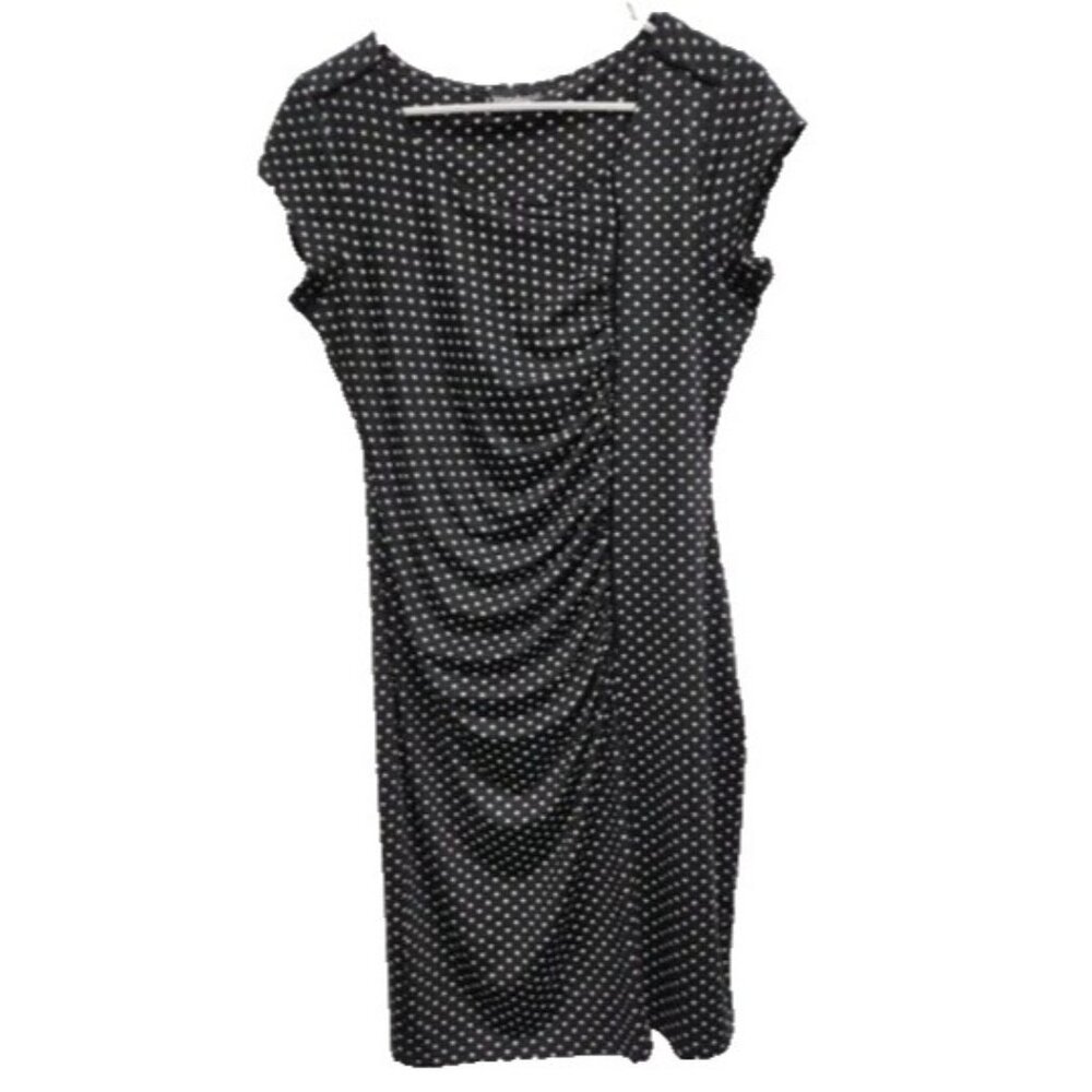 Vandana Womens Black White Polka Dot Bodycon Dress Medium Ruched Short Sleeve‎